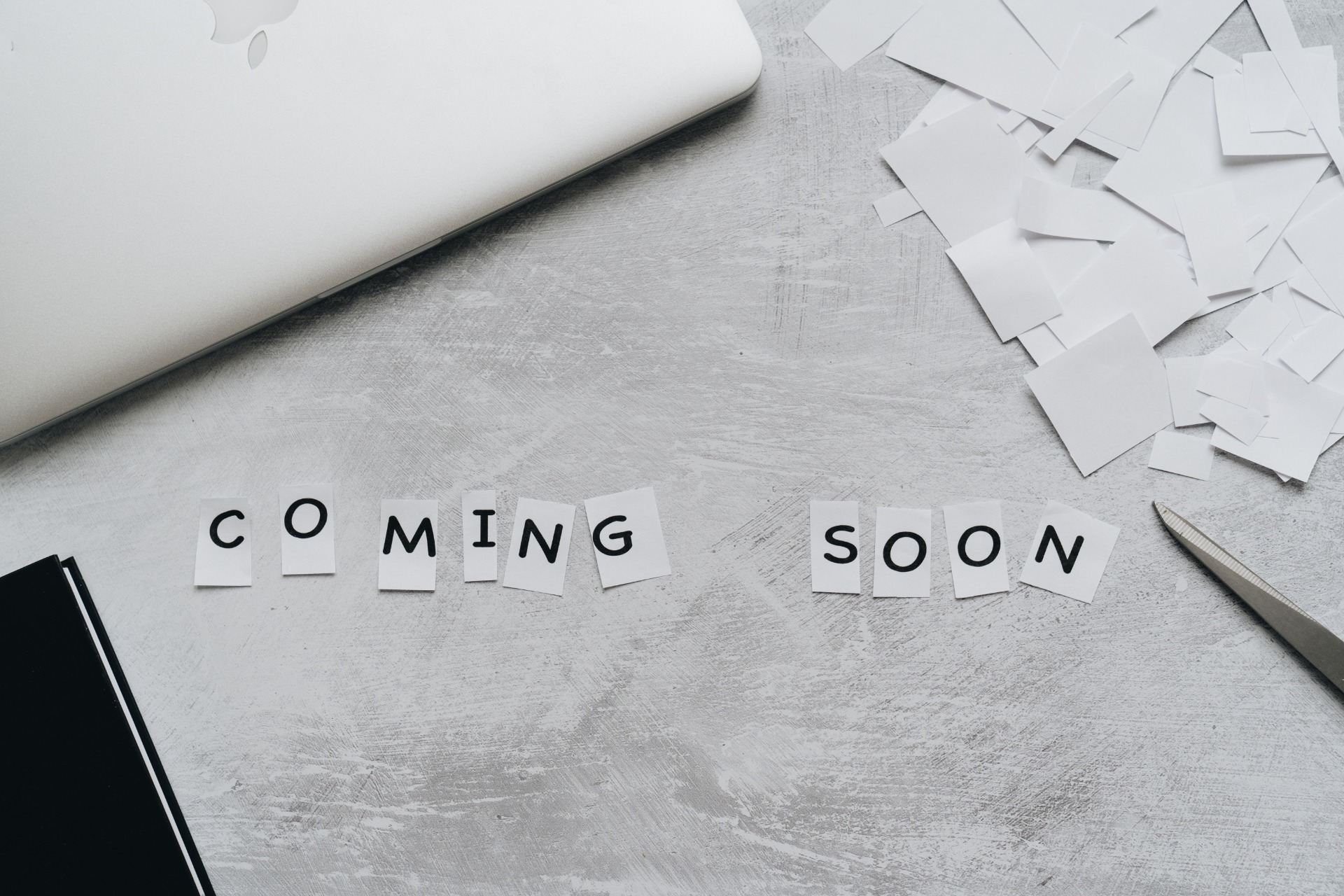 Gul hund håller ett vitt papper med texten “Something Big is Coming Soon” mot beige bakgrund.